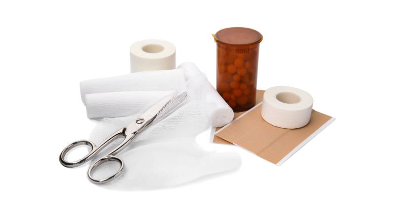 Bandage rolls and medical supplies for after facelift wound care