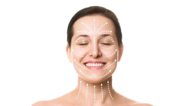 Marked with arrows on the main facial lifting lines, front view, isolated on white background.