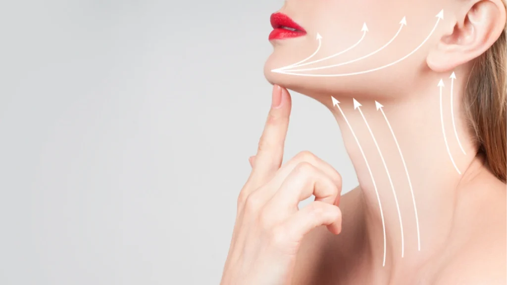 Anti-aging treatment and face lift. Beautiful woman neck with massage lines or lifting arrows
