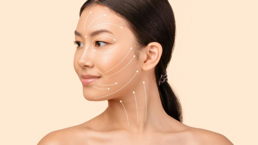 Asian Woman's Face Portrait With Lifting Arrows Showing Antiaging Facial Skincare Treatment, Headshot On White Studio Background, Looking Aside. Ageless Beauty And Plastic Surgery Concept