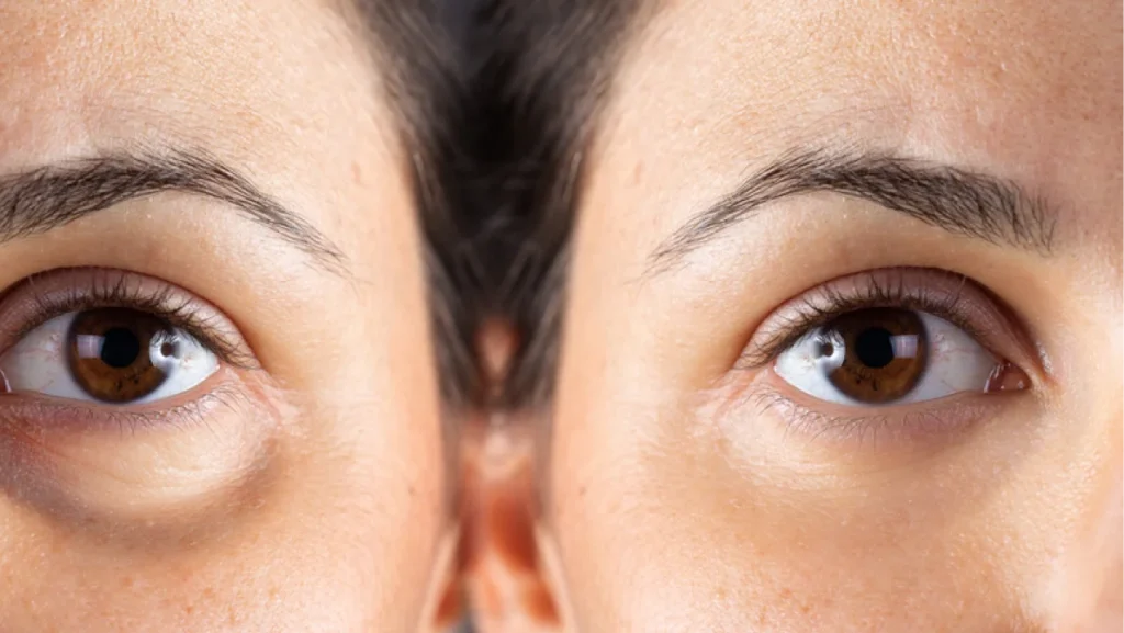 Before and after results showing reduced dark circles and puffiness following under eye filler treatment.
