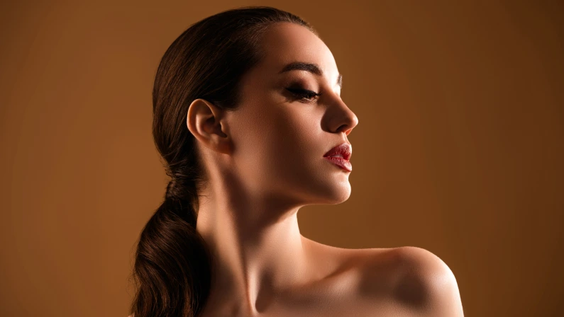 Stunning lovely lady enjoying result after moisturizing lifting cosmetologist treatment on pastel color background