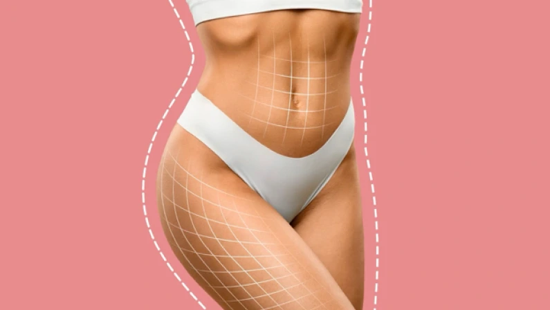 Cropped of well-fit woman in white underwear with contouring lines, symbolizing body shaping or anti-cellulite cosmetic treatment over pink studio background, collage