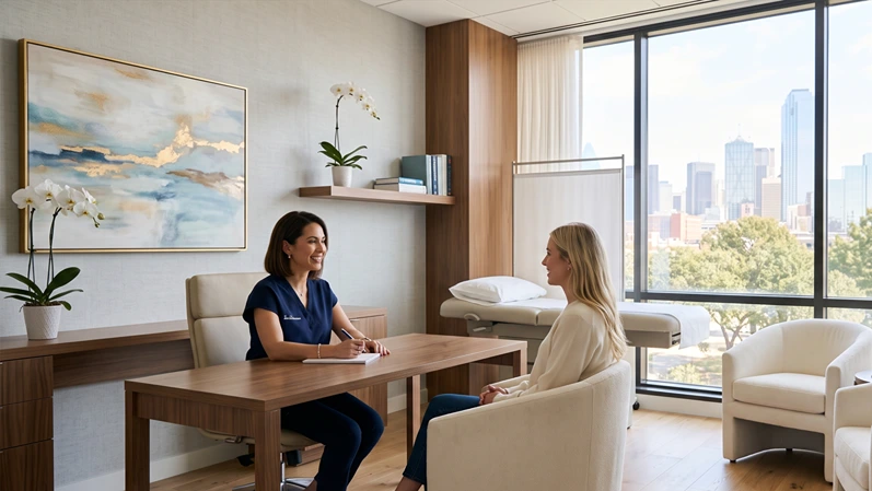 A serene, modern plastic surgery consultation room in Dallas with soft natural light, no text overlay